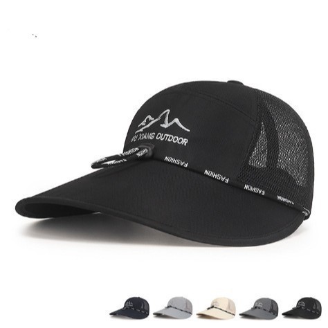 Men's Wide Brim Sun Protection Baseball Cap, Summer Outdoor Fishing Breathable Mesh Sun Hat with Windproof Strap, Quick Dry Adjustable UV Protection Cap for Hiking Camping