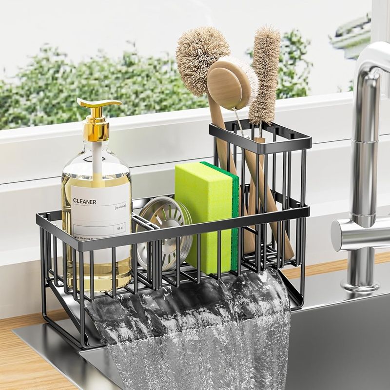 Wannilen Sink Caddy, Sponge Holder for Kitchen Sink, Kitchen Sink Organzier with High Brush Holder, Rustproof Stainless Kitchen Gadgets Sink Accessories