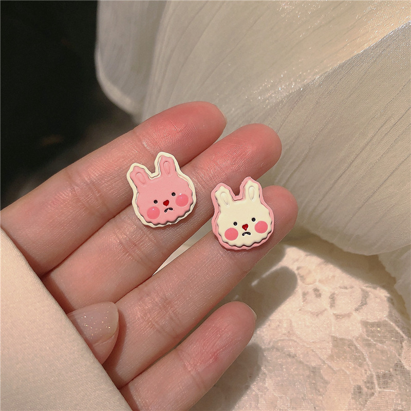 Women Sweet Pink Asymmetric Cartoon Bunny Stud Earrings Jewelry Gift