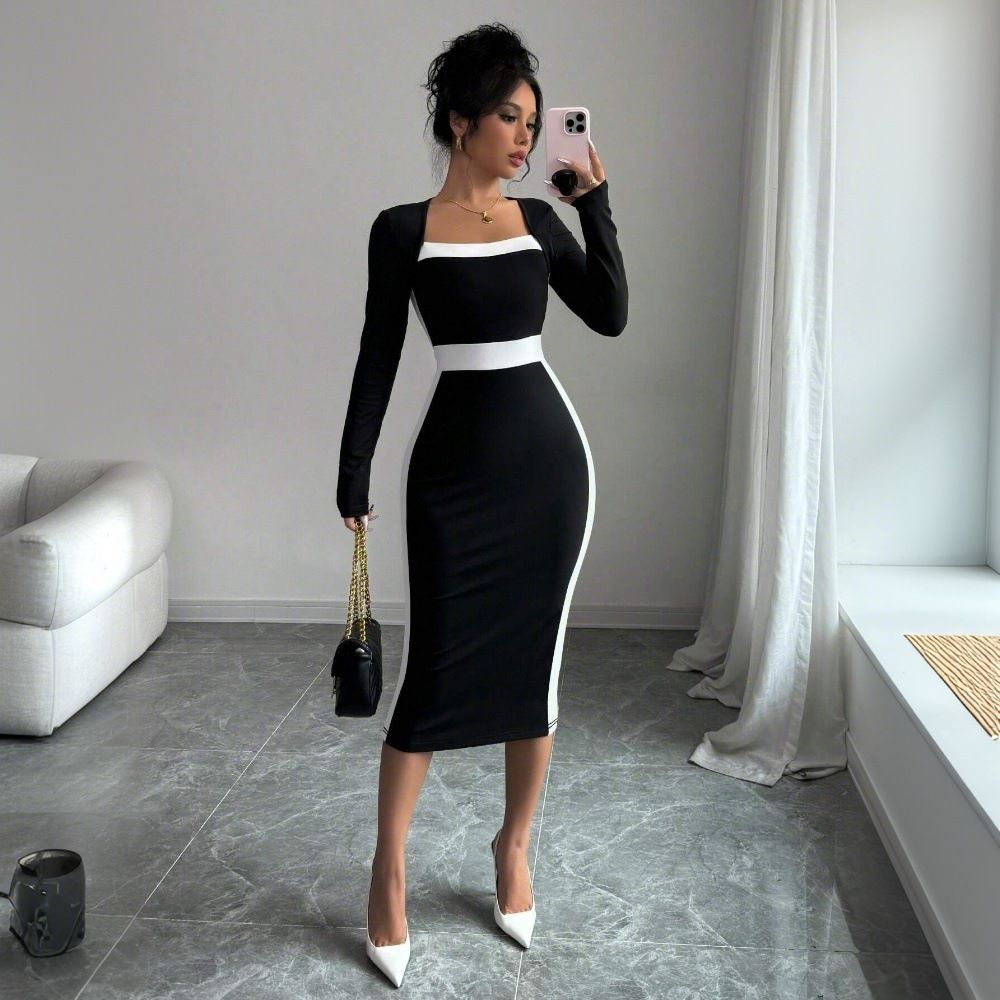 Women's patchwork contrasting mid length skirt sexy hip hugging long sleeved dress