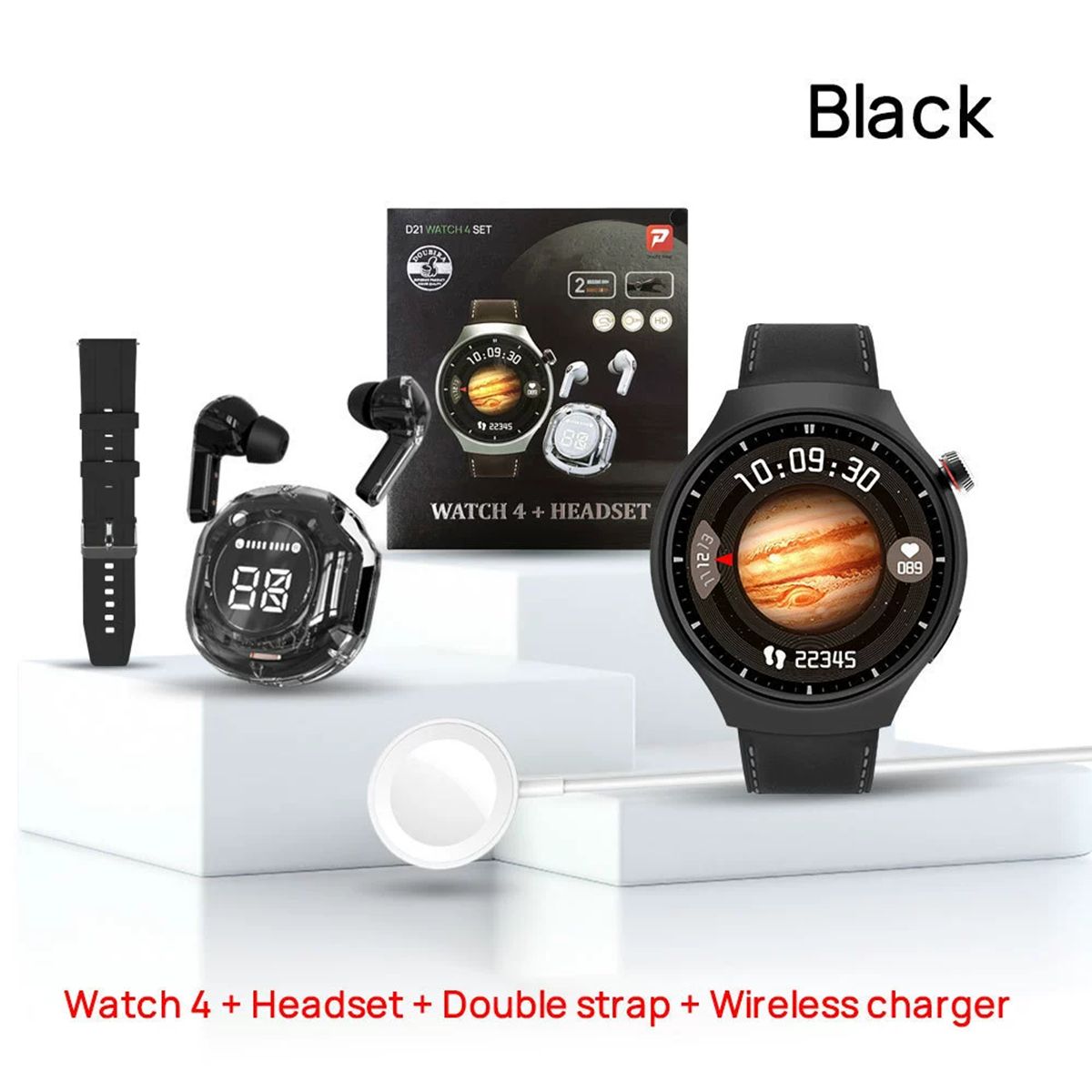 Cross-border hot-selling D21 Watch4 smart watch Bluetooth call double strap + earphone set multi-function watch