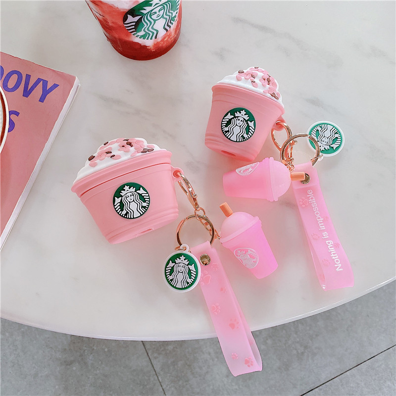 3D Cartoon Pink Coffee Cup Earphone Case with Pendant for Airpods Pro Girls Cute Style Silicone Cover for Airpods 1/2