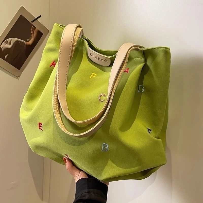 New Large Capacity Canvas Tote Bag with Embroidered Letters, Fresh Style Casual Shoulder Bag for Students
