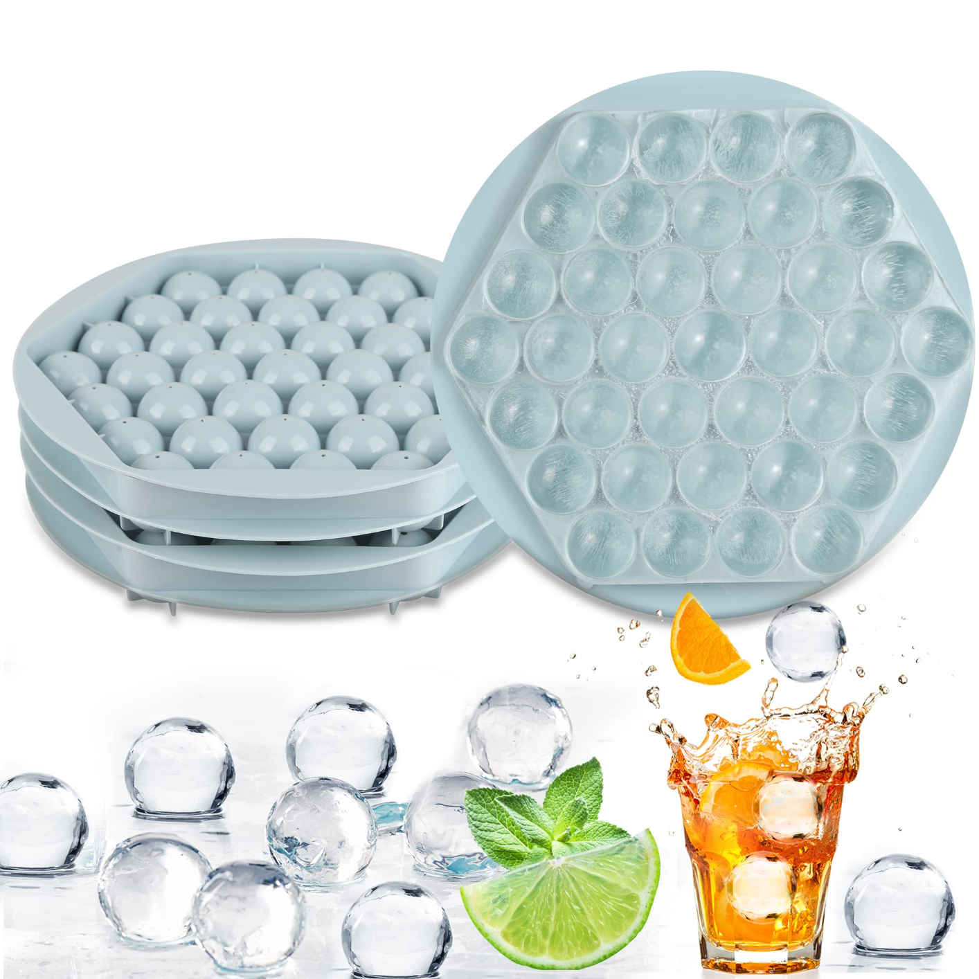 Hexagon Round Ice Cube Tray With Lid,Mini Circle Ice Ball Maker Mold for Freezer,37 PCS Sphere Ice Chilling Cocktail Whiskey Tea & Coffee