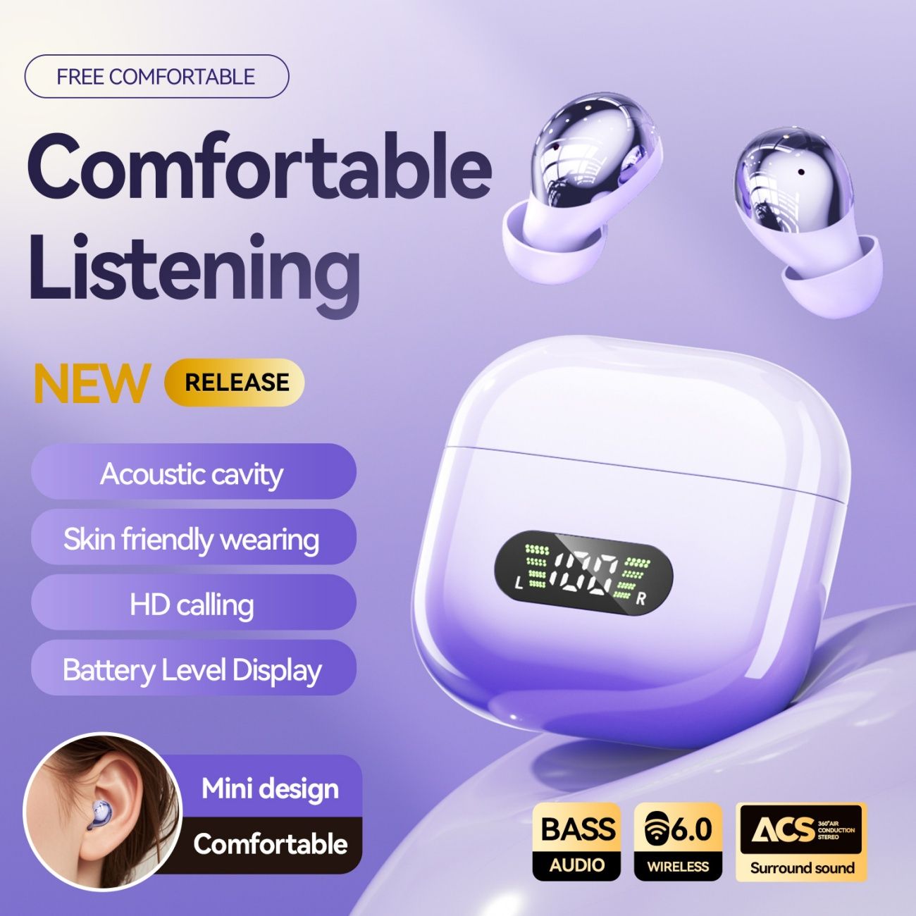 2026 New TWS Bluetooth Earbuds, Gradient Digital Display Charging Case, Bluetooth 6.0 In‑Ear Headphones with ACS Surround Sound