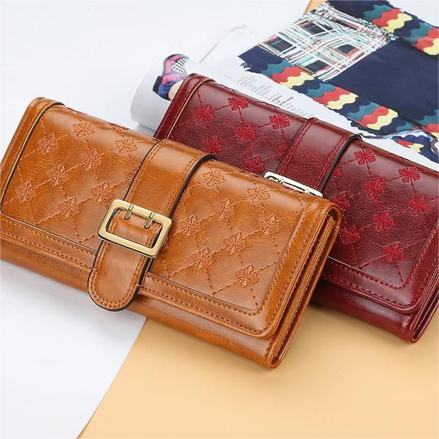 N1819 Women's Simple Four-Leaf Clover Embossed Wallet, Long Magnetic Wallet