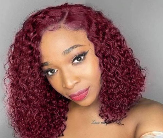 Ohemaa Strands Premium 100% Unprocessed 5*1 BOBO 99J Human Hair Front Lace Wig- Curly Wigs 