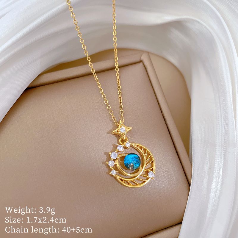 Women Titanium Steel Star Moon Planet Necklace, Shiny Micro‑Paved Zircon Inlaid Blue Planet Pendant Clavicle Chain, Elegant Luxury Delicate Fashion Neck Jewelry, Adjustable 40+5cm Chain, Daily Party Dating Versatile Accessory Gift for Ladies