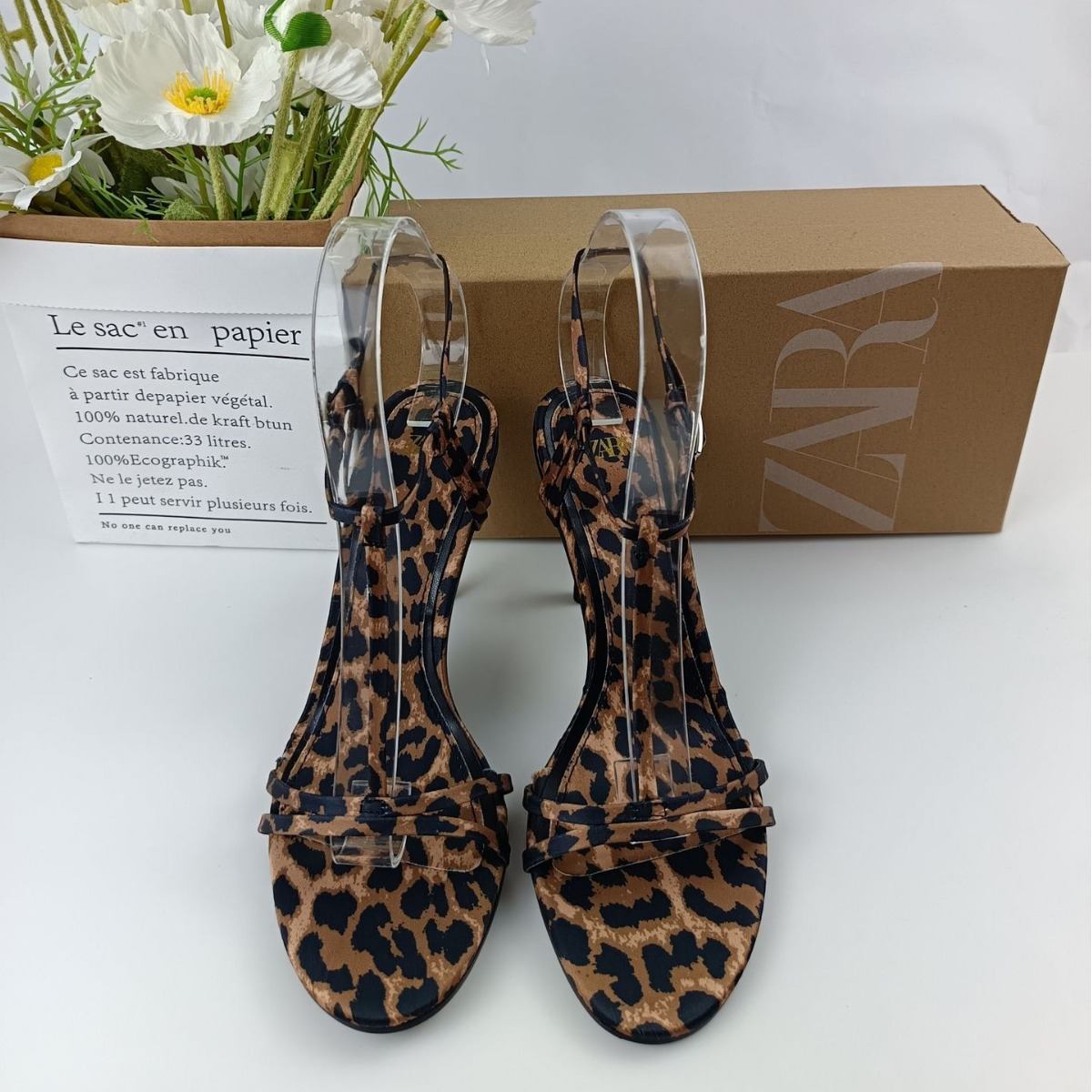 ZA2024 new leopard print high heels with a line with temperament fine heels open-toed women's shoes leopard print high heels fashion women
