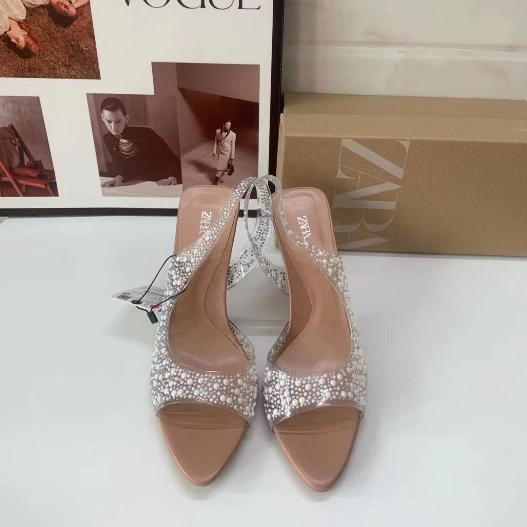 ZA2024 New Quality apricot fashion pointy fish mouth French PVC hollow open toe shallow mouth pearl trim heel