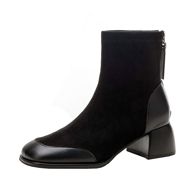 Boot Woman Shoe Boot Shoe Lady Booty Short Woman French Square Toe Boots Women's Spring Autumn New Fashion Style Splicing Suede Retro Thick Heel Soft Bottom Short Boots