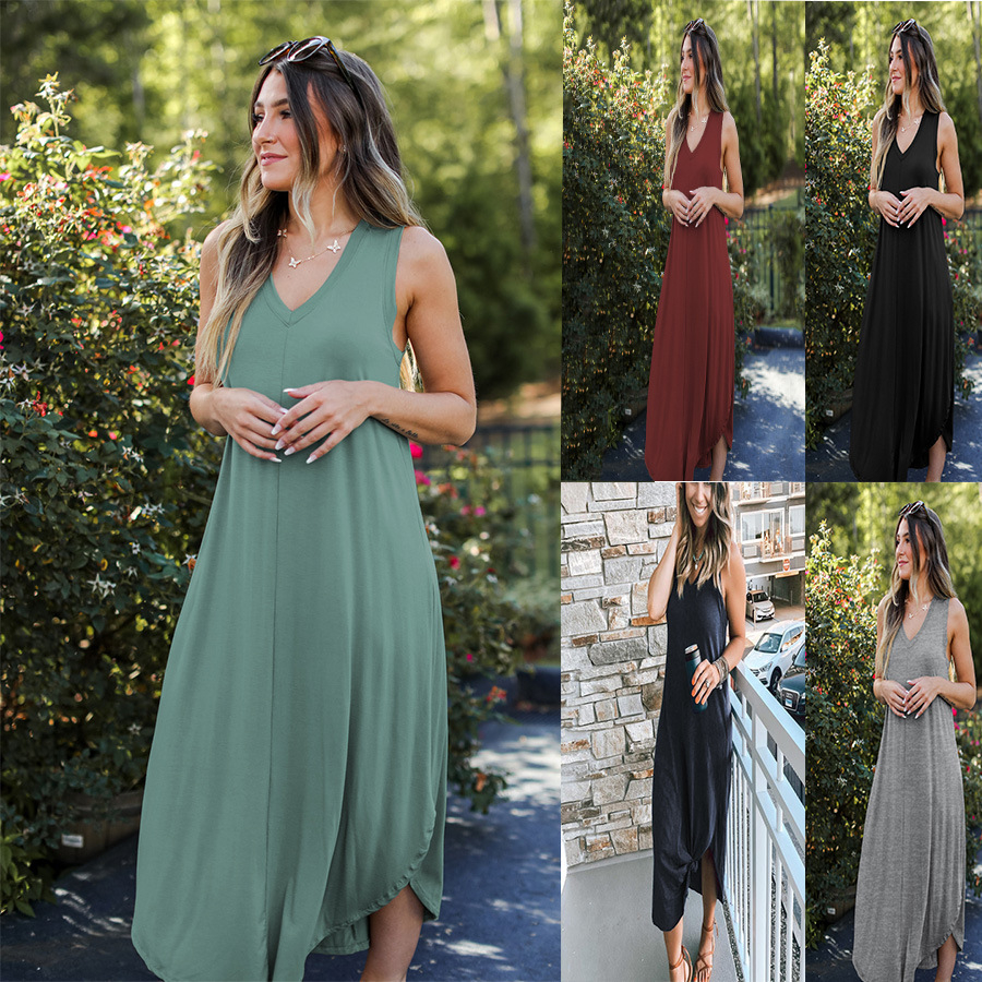 JC-246 Women's Casual Loose Long Dress V-Neck Sleeveless Ladies Comfortable Breathable Irregular Dress