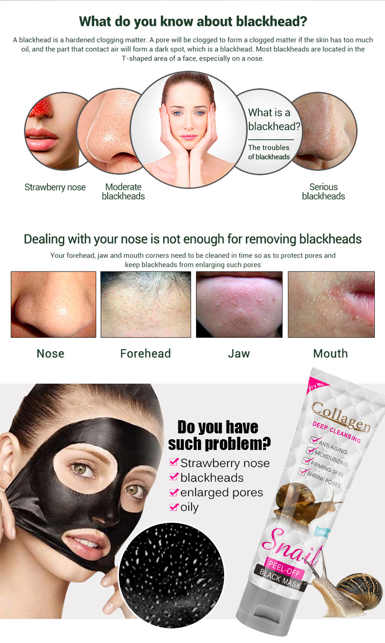 Snail Collagen Peel-off Mask Black Mask Nose Mask Facial Cleaning Moisturizing and Tearing Mask Skin Care Oil Control 120ml