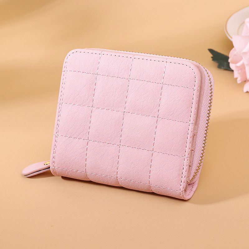Women Short Wallets PU Leather Female Plaid Purses Nubuck Card Holder WalletPink