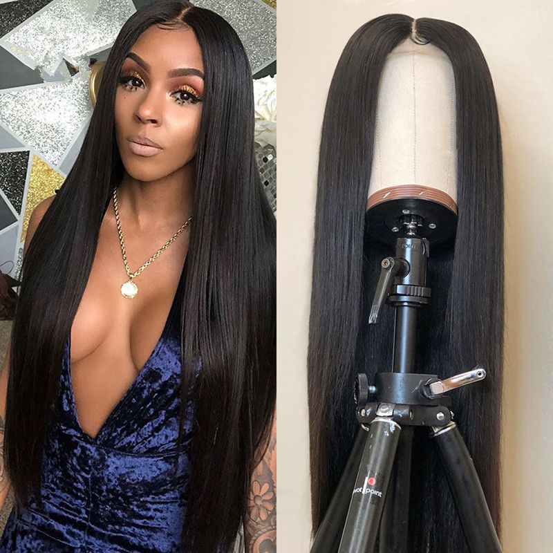 A wig for women with long straight hair, black middle-parted long hair, and a synthetic fiber head cover