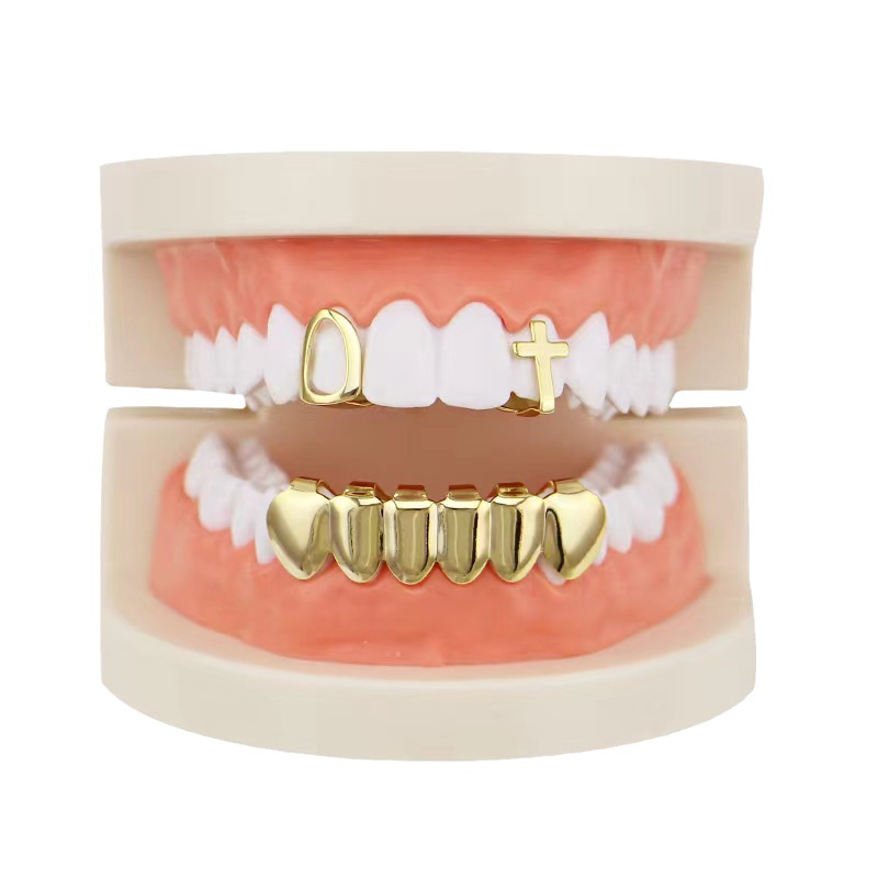 Gold/Silver Grillz Set - Custom Fit Hip Hop Teeth Jewelry for Men & Women | Iced Out Cross Design | Party/Cosplay Fashion | gold teeth silver teeth