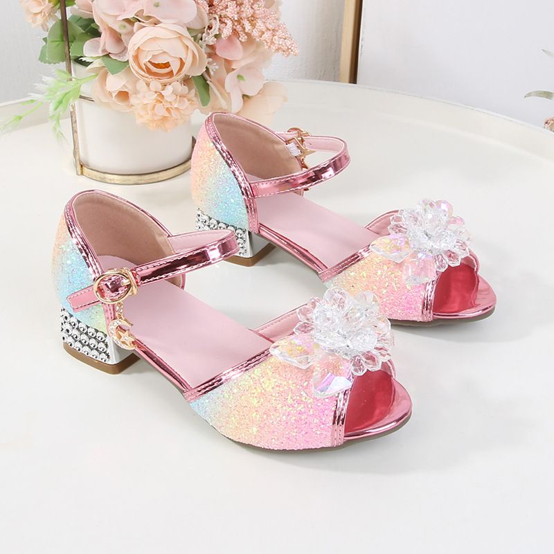 Dress Shoes Girls' High-Heeled Sandals Summer New Children's Crystal Shoes Children's Soft Soled Snow Princess Shoes