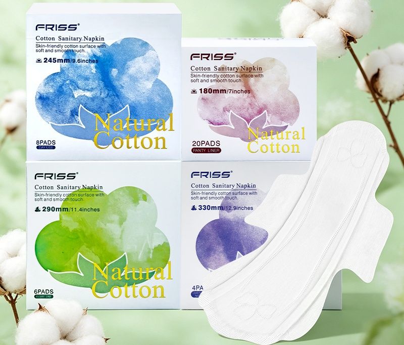 FRISS Cotton Sanitary Napkins, Soft Cotton Surface Feminine Care Pads, Breathable Disposable Period Pads for Women Daily Menstrual Use