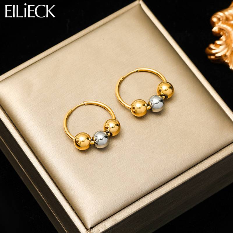 JDWE2302021 Stainless Steel Gold Color Ball Beads Hoop Earrings For Women Girl New Trend Ear Buckle Waterproof Jewelry Gift