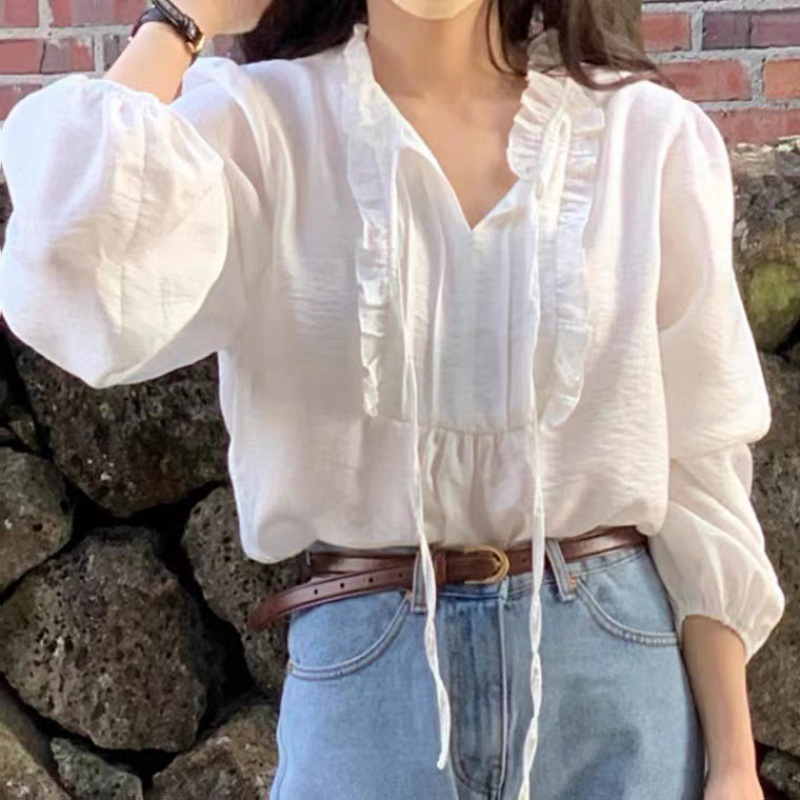A141-22-2947 Women's Spring V-Neck Strap Top Bubble Sleeve Loose Shirt