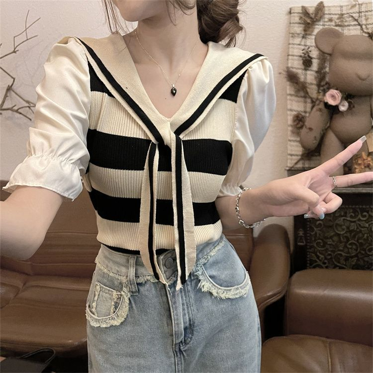 M1222-3 Women's Contrast Stripe Lace Shawl Navy Neck Ice Silk Short Sleeve T-shirt