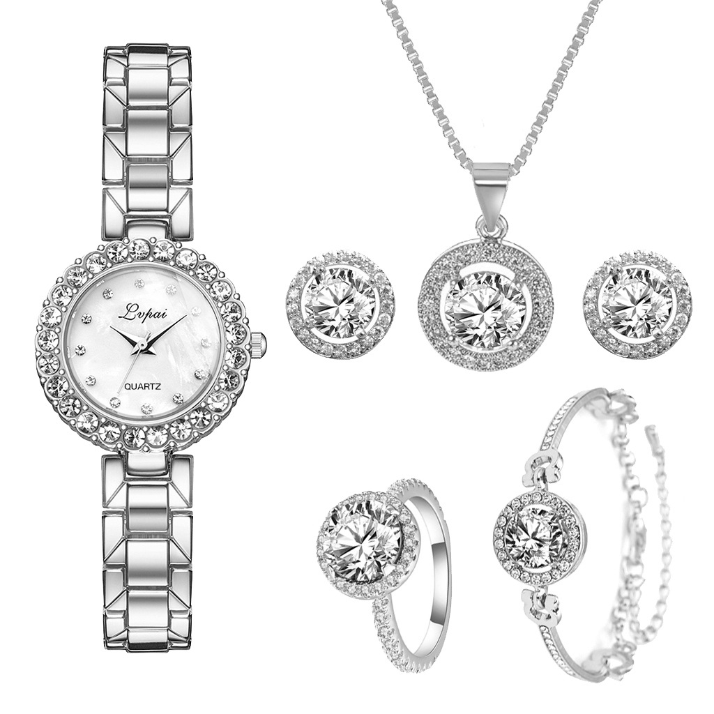 Watch + Bracelet + Necklace + Earrings + Ring 5 Piece Set Jewelry Package Round Diamond Watch Simple Quartz Watch Watch Steel Band Ladies Quartz Watch Girls Student Jewelry Pointer Watch