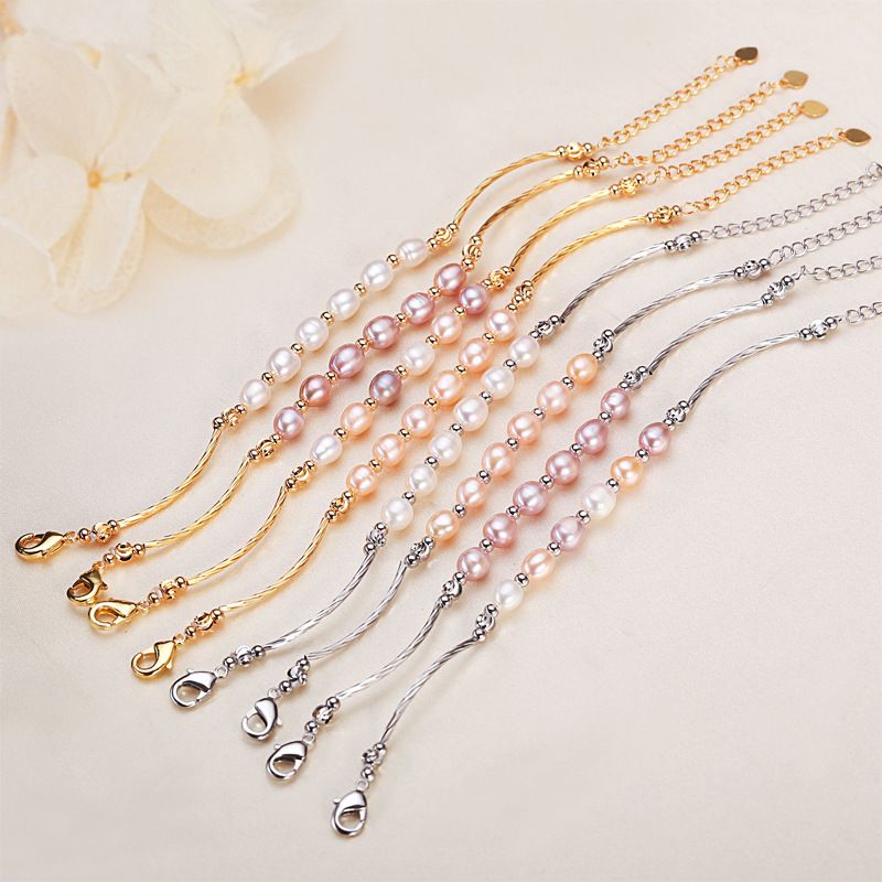 2-Pack Women's Freshwater Pearl Bracelet, Delicate Adjustable Beaded Chain Bracelet, Elegant Daily Wear Jewelry, 8 Colors Available