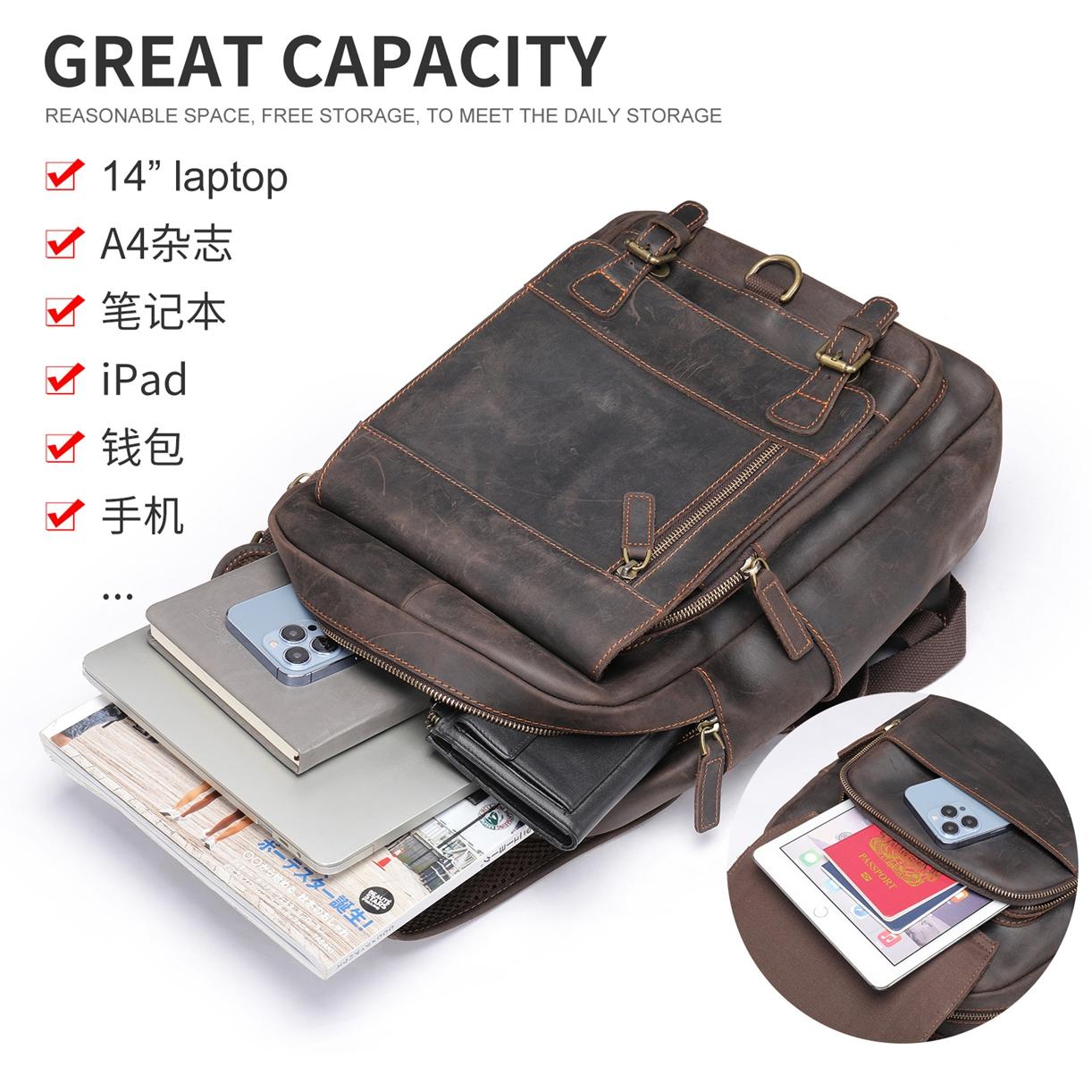 Head layer cowhide business commuting computer backpack, large capacity European and American retro backpack, cross-border crazy horse leather backpack
