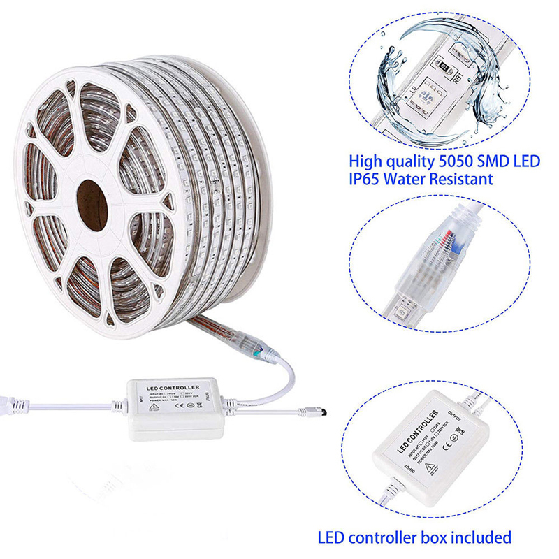 Leopard Cat Flexible 100M/volume LED RGB Rope Light Strip, Multi Color Changing 60PCS SMD 5050 LEDs, 220V AC, Dimmable, Waterproof, Indoor / Outdoor Rope Lighting + Remote Controller -100M roll IP67 Waterproof RGB Dual Color Rope lighting