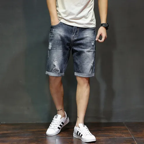 Summer New Men's Denim Shorts Fashion Slim Fit Elastic Cotton Blue Wash  Ripped Jeans Male Brand Clothes 42