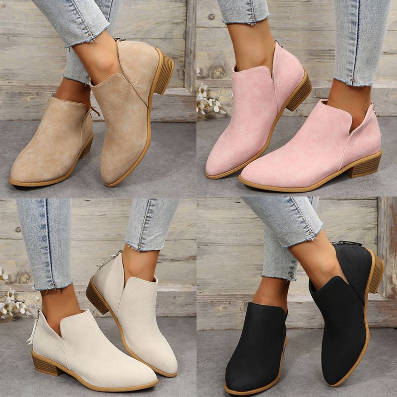 Plus-size flat plus-size short leg women's pointed chunky heel back zipper suede ankle high Doc Martens for women 1902