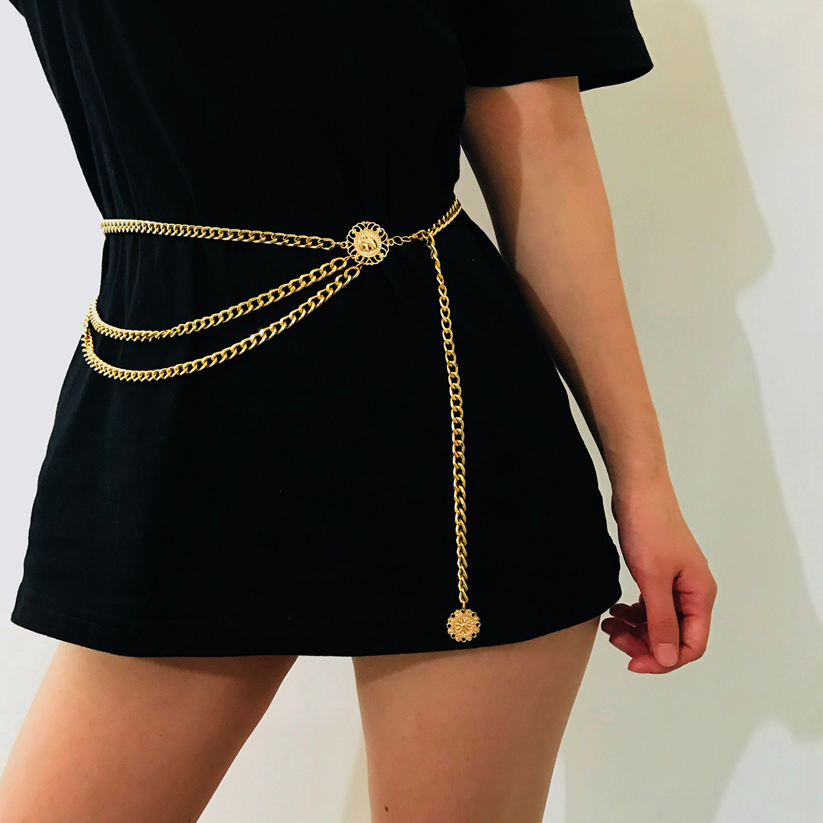 HY-KL120 Women's Retro Alloy Waist Chain, Multi-Layer Coin Body Chain