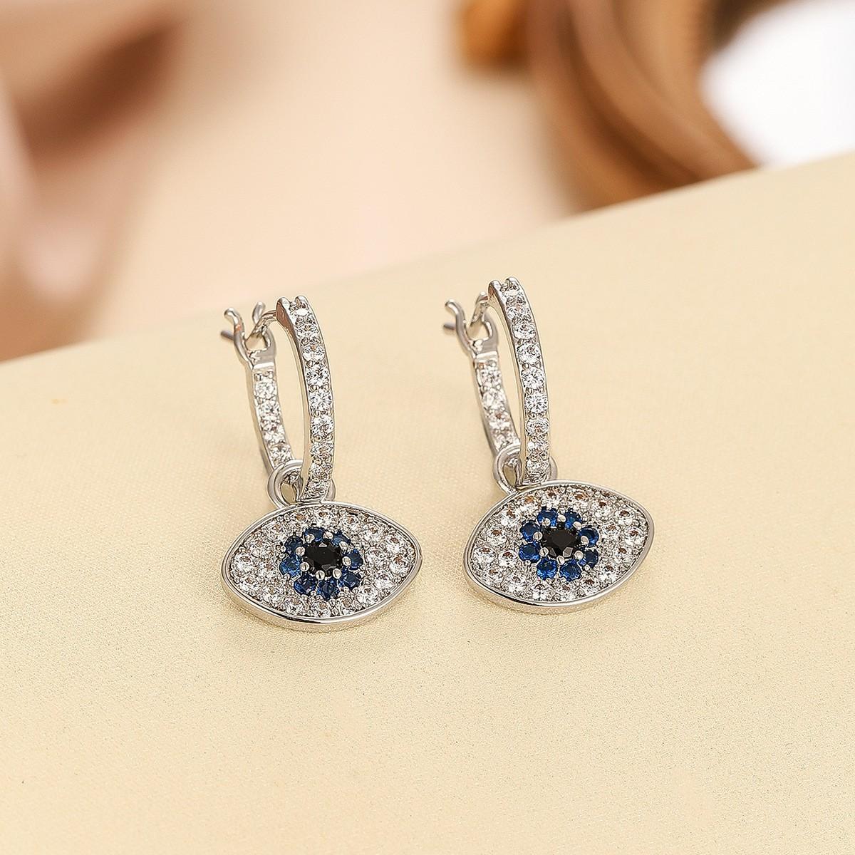 Luxury Micro Pave Zircon Evil Eye Dangle Hoop Earrings Gold Silver Plated Snap Click Ear Buckle Minimalist High Grade Temperament Drop Ear Jewelry Chic Small Fragrance Style Inlaid Multicolor Crystal Earring For Women Daily Wedding Party Fashion Accessory Hypoallergenic Elegant Female Gift Ornament
