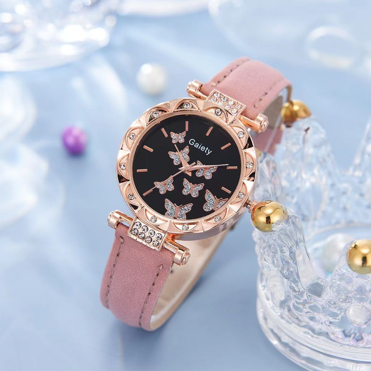 6pcs Luxury Watch Women Ring Necklace Earrings Bracelet Set Watches Butterfly Leather Strap Ladies Quartz WristWatch No Box1Pcs Pink Watch