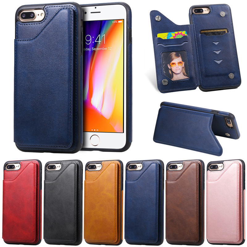 Pure Color Phone Case For iPhone 7 Plus iPhone 8 Plus 5.5 inch PU Leather Wallet Phone Cover with Card Pockets Kickstand