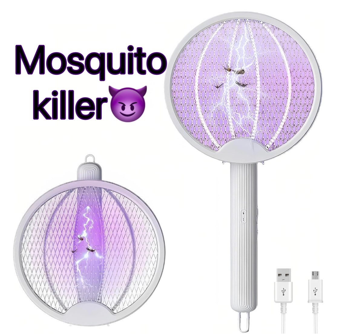Electric Fly Swatter Mosquito killer Lamp 2 in 1, Foldable, Standing, Wall Mounted, 3000 V with USB, Rechargeable, Suitable for Home, Garden, Camping, Indoor and Outdoor Use