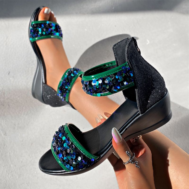 2025 summer new wedge sandals for women ins fashion glitter fish mouth after zipper Roman sandals large size