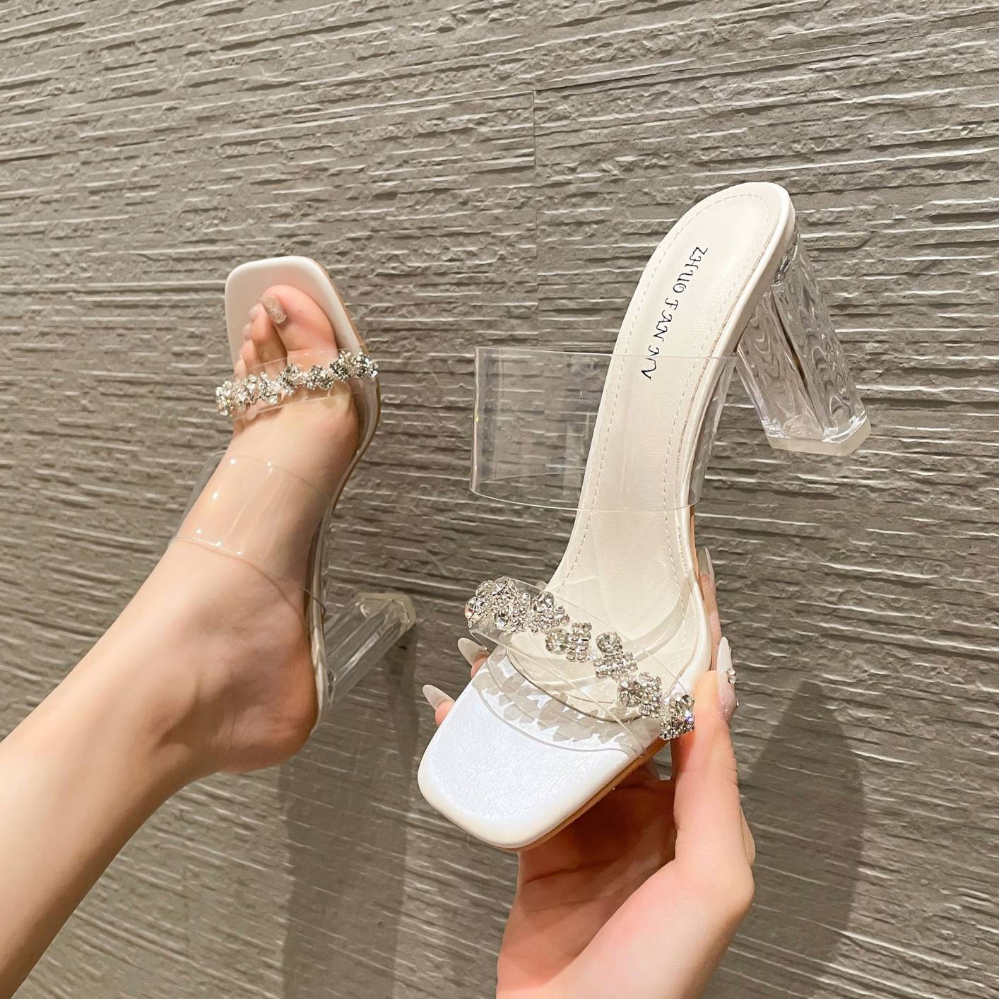 888-2 Women's Clear High Block Heels Slide Sandals Square Open Toe Crystal Rhinestones Dress Wedding Sexy Slipper Shoes