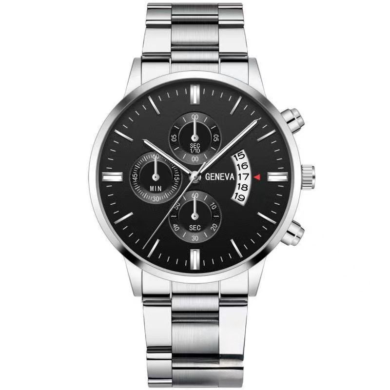 Calendar steel band watch men's large dial quartz watch men's watch foreign trade men's watch3 o'clock calendar silver blac