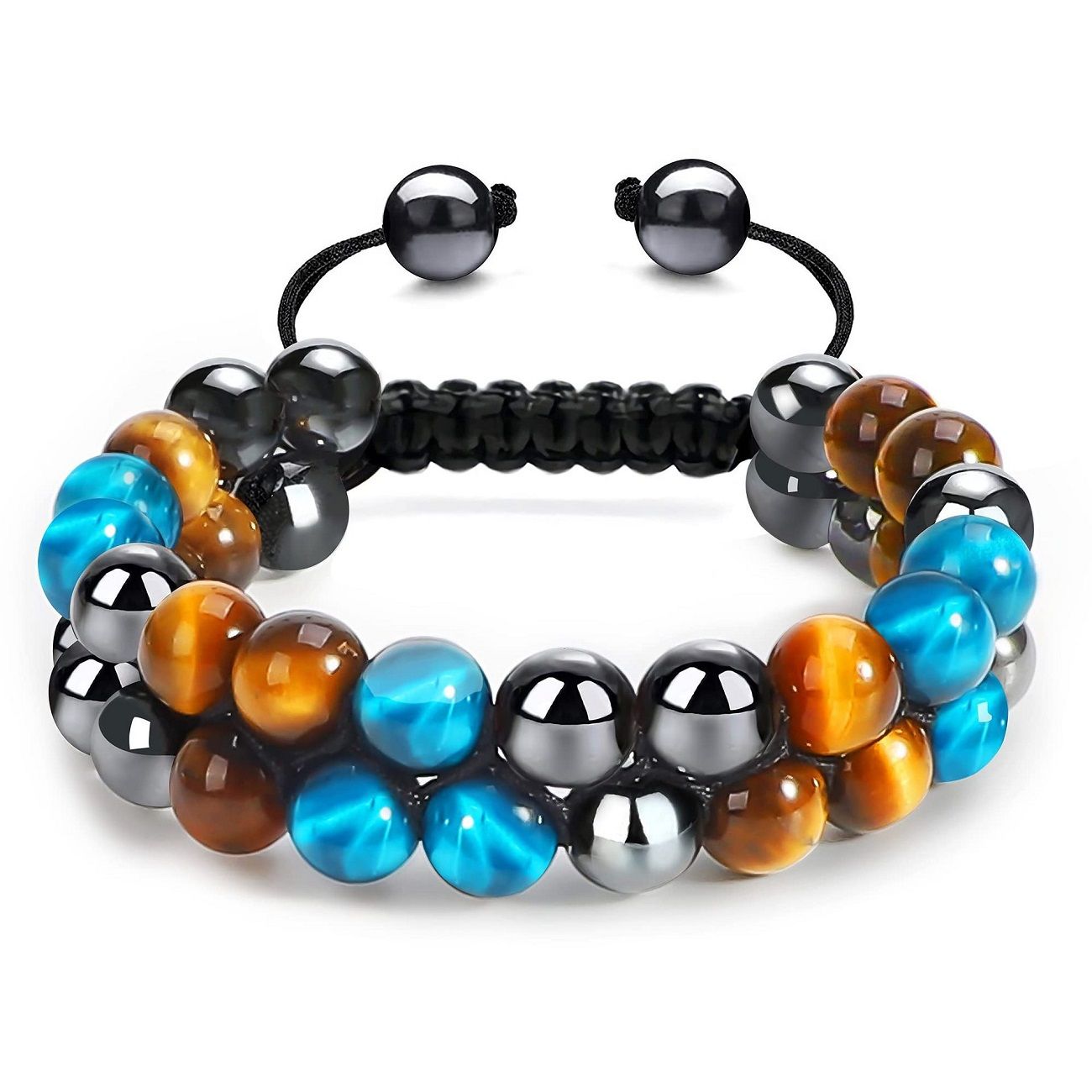 Natural Blue Yellow Tiger Eye Stone Beaded Bracelet, Adjustable Braided Rope Woven Wrist Jewelry With Hematite, Agate, Volcanic Rock Amethyst Gemstone, Vintage Casual Daily Wear Men Bangle, Multiple Style Hand Polished Round Bead Accessory, Durable Comfortable Handmade Wrist Chain For Daily Stylish Matching