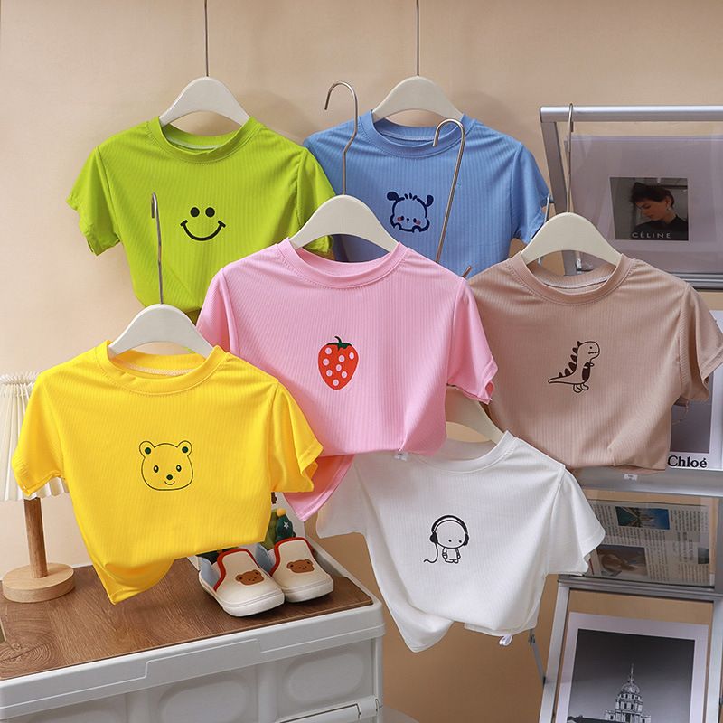 Children's summer ice silk short-sleeved T-shirts for boys and girls half-sleeved tops for small and medium-sized children's candy-colored summer clothes