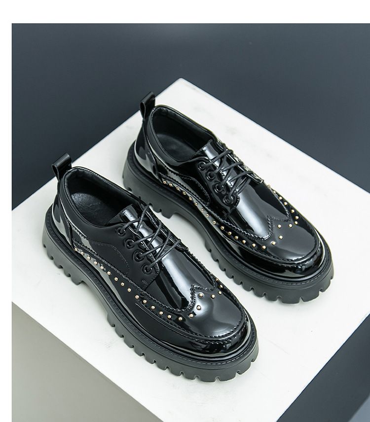 Cross-border large-sized 2025 formal casual shoes with rivets, personalized barber leather shoes, thick-soled height-increasing, black and white fashionable men's shoes