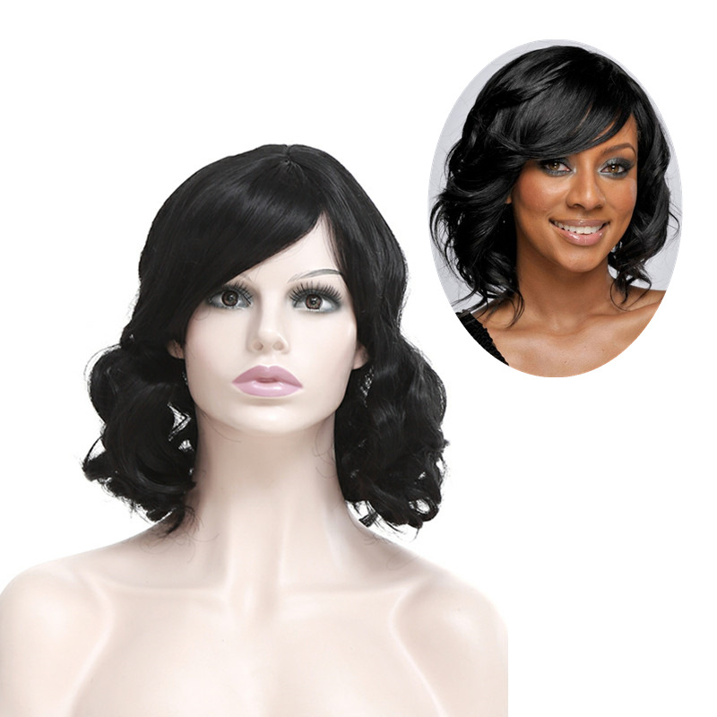 RM3530 Short Bob Lace Front Wigs Glueless Natural Wave Synthetic Heat Resistant Fiber Hair Wig For Black Women 16 Inches Black Wavy Shoulder Length Wigs