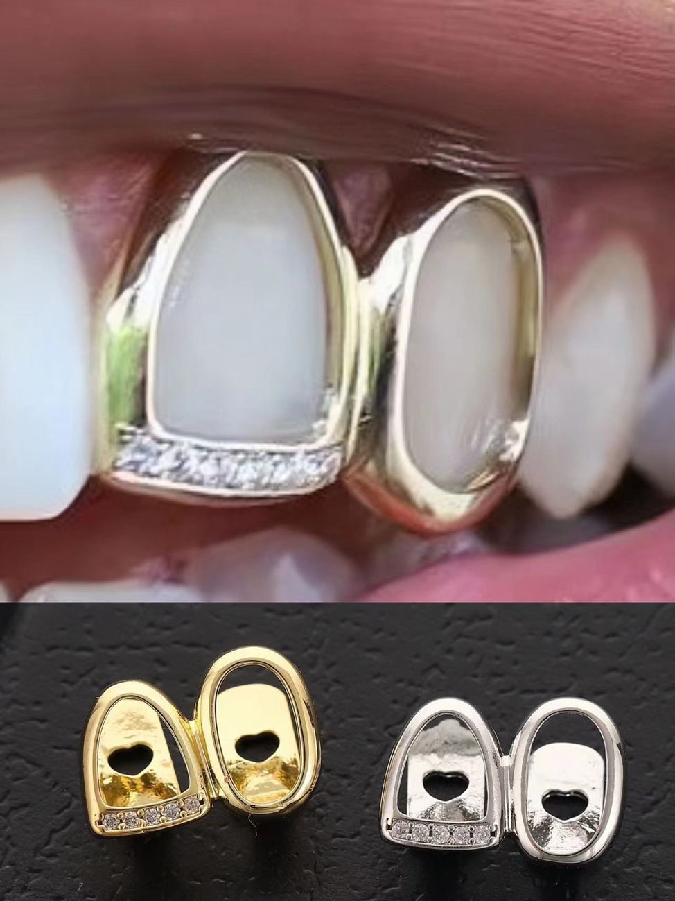 Zircon micro-inlay teeth grillz hip-hop double teeth gold-plated teeth hip-hop teeth grillz tooth grillz Braces gold teeth silver teeth