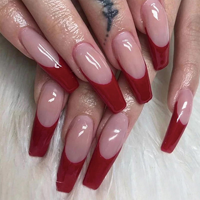 JP1028 24 Pcs Glossy Press on Nails, Super Long Coffin Simple Red-Rimmed French Fake Nails, Full Cover Artificial False Nails for Women and Girls
