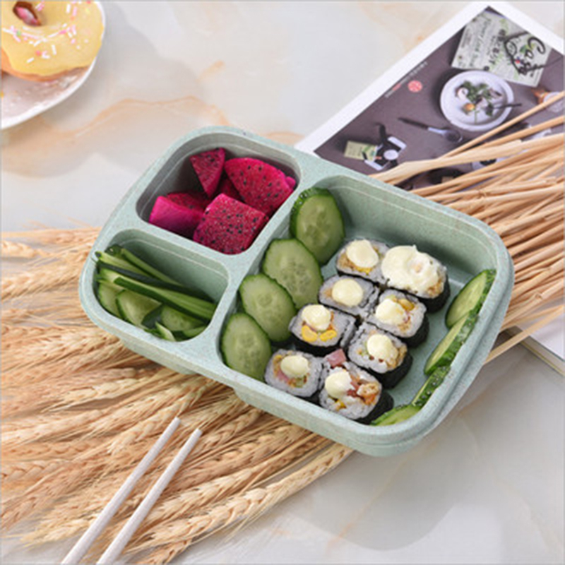 1011 900ml Wheat Straw 3-tiles Portable Tableware Food Lunch Box Food Storage Box Microwave Oven Travel School Picnic Lunch Box
