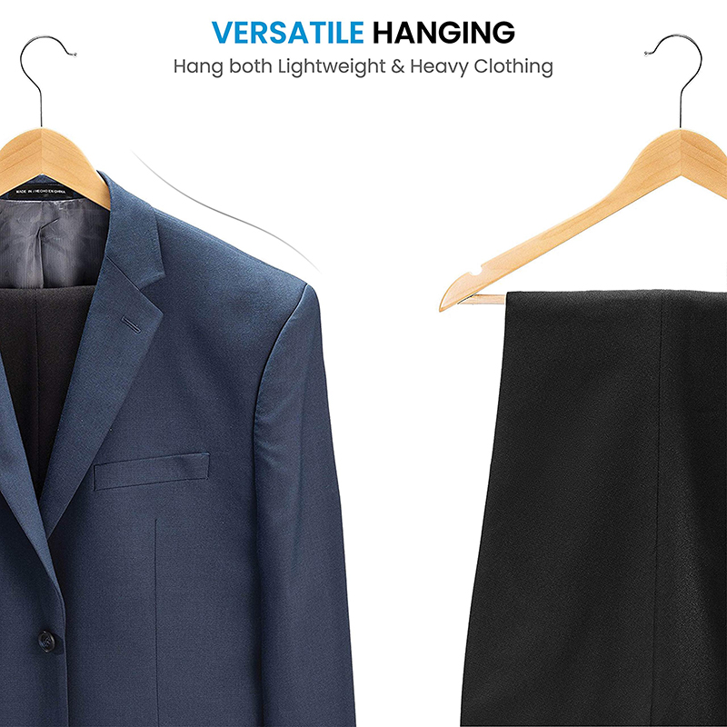 High-Grade Wooden Suit Hangers - Smooth Finish Solid Wood Coat Hanger with Non Slip Pants Bar, 360 Swivel Hook and Precisely Cut Notches for Camisole, Jacket, Pant, Dress Clothes Hanger