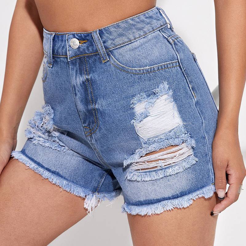 CL893-1 Women's Casual Denim Shorts Frayed Raw Hem Ripped Jeans Shorts