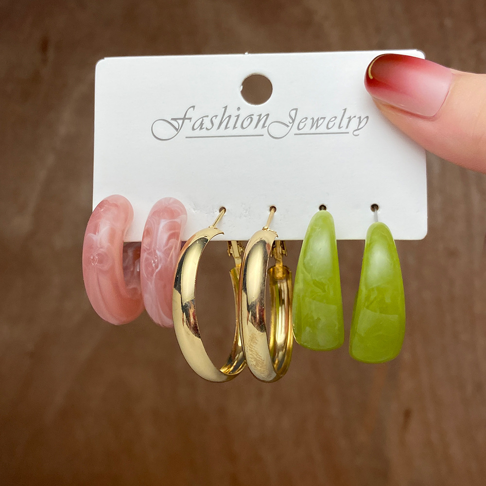 54339 3 Pairs Bohemian Geometric Acrylic Round Hoop Earrings Set For Women Colorful Resin Earrings Jewelry Gift