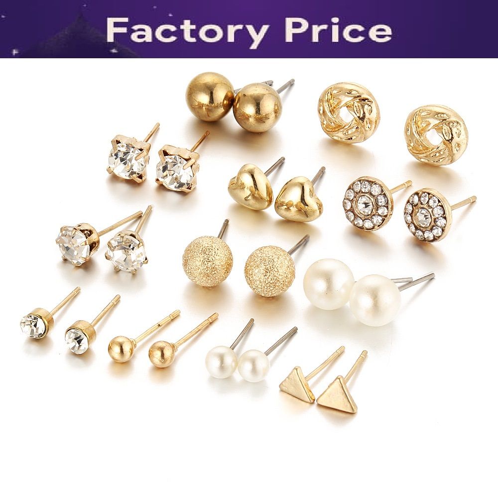 Fashion Earrings Set 12 Pairs Zircon Crystal Heart Triangle Earrings Jewelry Gold Silver
